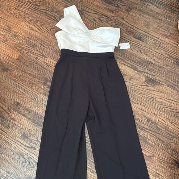 NWT Zac Posen Womens One Shoulder Bow Wide Leg Jumpsuit 8 Black/White-F9 - Picture 6 of 10